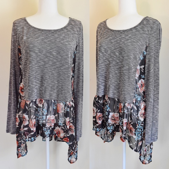 Umgee Tops - Umgee Sheer Floral Print Hem Long Sleeve Top